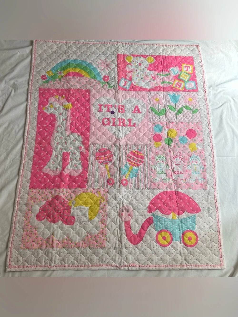 Vintage 70’s Baby Quilt /Giraffe, Rainbow, Teddy Bear 43” L X33”W - IT’S A GIRL
